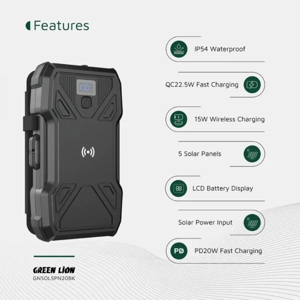 پاوربانک خورشیدی 5 پنل 20000 میلی‌ آمپر گرین لاین Green Lion Solar 5-Panel 20000mAh Power Bank PD20W